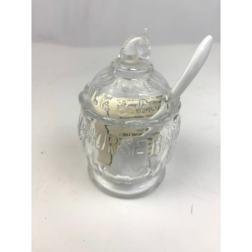 Vintage Heinz Horseradish Glass Jar Horse Lid w Spoon Advertising‎